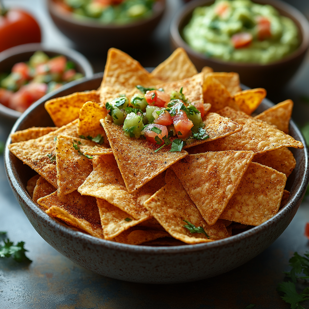 A bowl of low-calorie tortilla chips served with a variety of healthy dips.