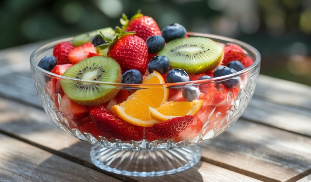 Transparent glass salad bowl showcasing a colorful fruit salad.