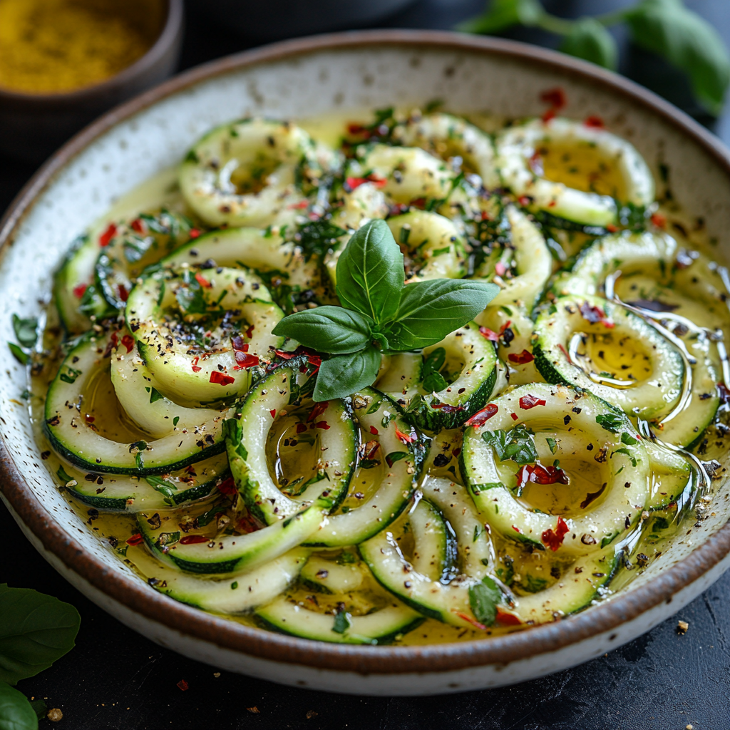 A close-up of zucchini noodles in a bowl with fresh herbs and a light dressing.
