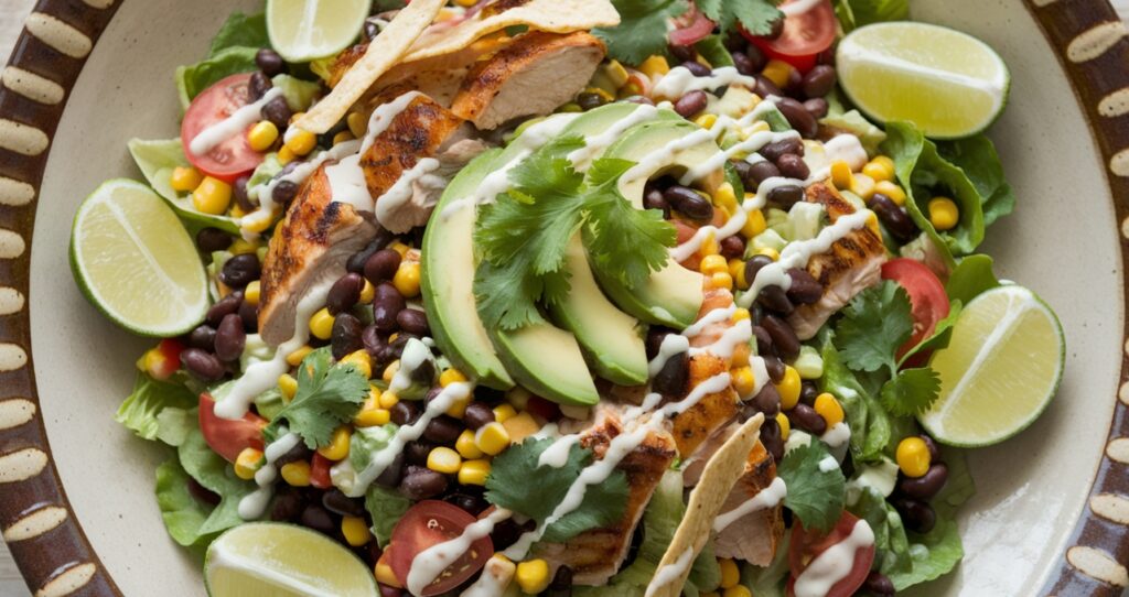 A plated Southwest Chicken Salad with garnishes.