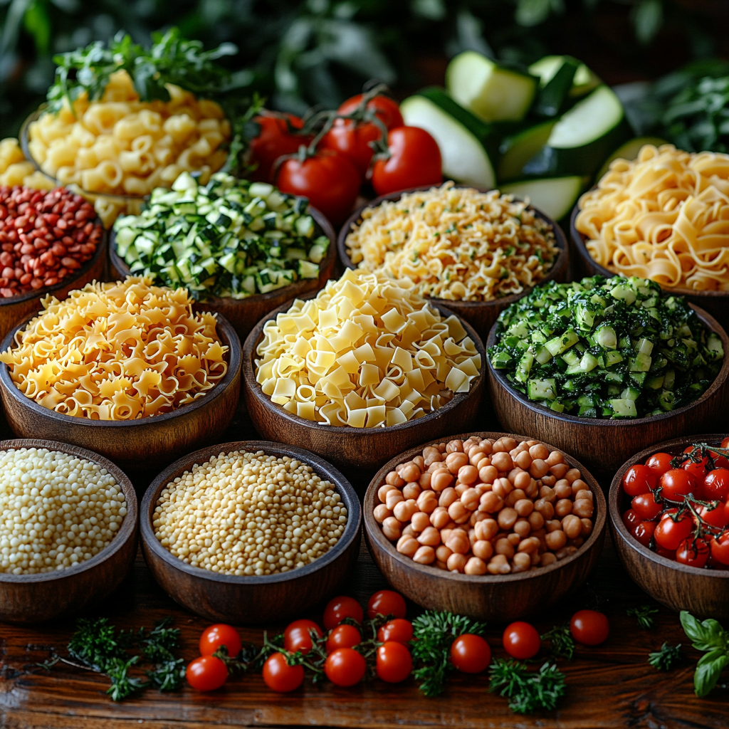 A variety of pasta options, including whole-grain, legume-based, and shirataki noodles, displayed on a wooden table