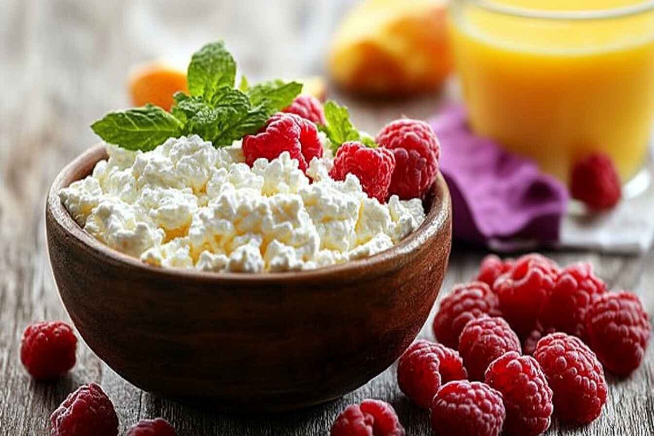 A Vibrant And Colorful Breakfast Spread Featuring Scrambled Eggs, A Bowl Of Creamy Cottage Cheese, Fresh Berries, And A Glass Of Orange Juice, Styled On A Rustic Wooden Table