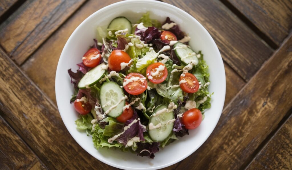 A vibrant bowl of house salad with fresh vegetables