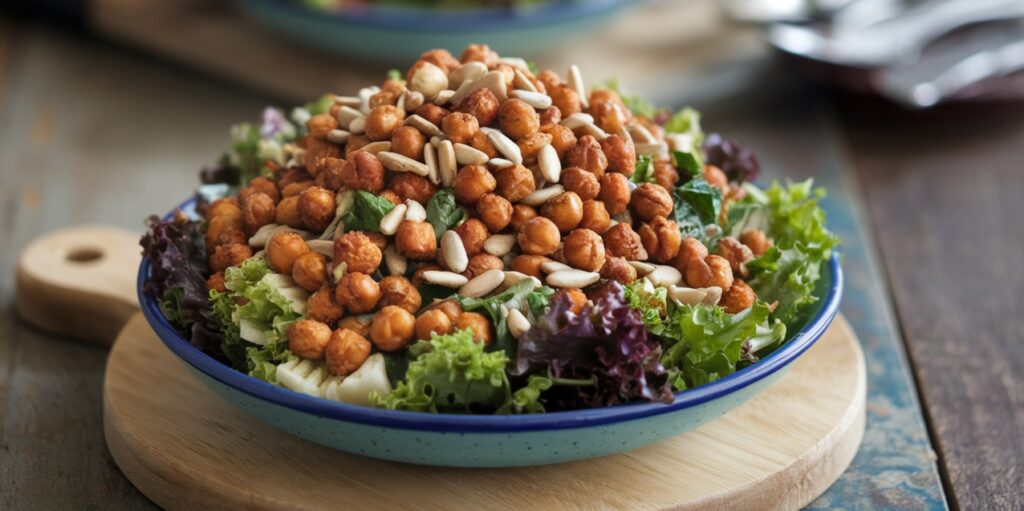 Sunflower seeds and roasted chickpeas on a salad