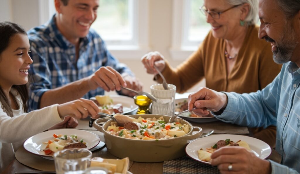 "A family enjoying a meal together, sharing a casserole dish with white gravy, vegetables, and venison sausage