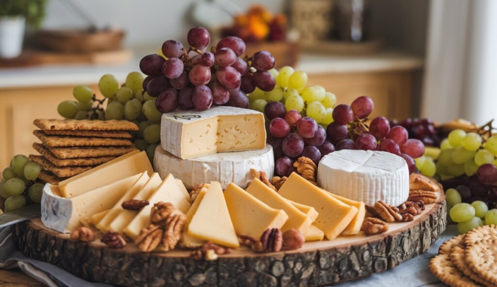 Rustic cheese platter showcasing vegetarian cheeses with grapes, nuts, and crackers on a wooden board.