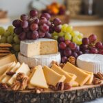 Rustic cheese platter showcasing vegetarian cheeses with grapes, nuts, and crackers on a wooden board.