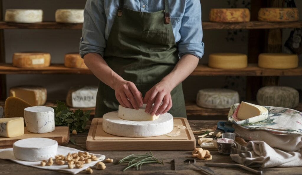 Vegetarian cheddar cheese being grated over a plate of steaming pasta in a modern kitchen.