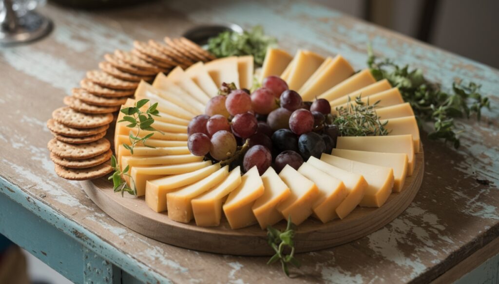 A cheese board with provolone cheese and accompaniments.