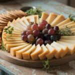 A cheese board with provolone cheese and accompaniments.