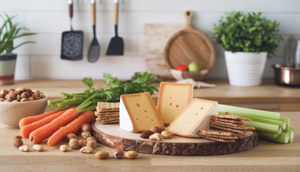 Plant-based provolone cheese with vegetables and crackers.