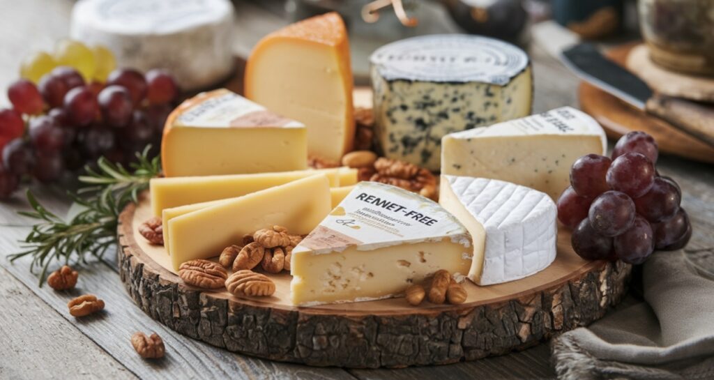 A rustic cheese board showcasing a selection of rennet-free cheeses.