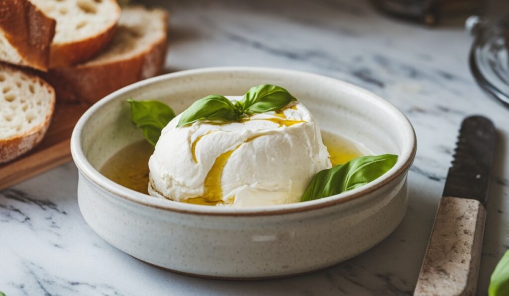 Fresh ricotta cheese as a rennet-free option, garnished with basil leaves and served with bread.