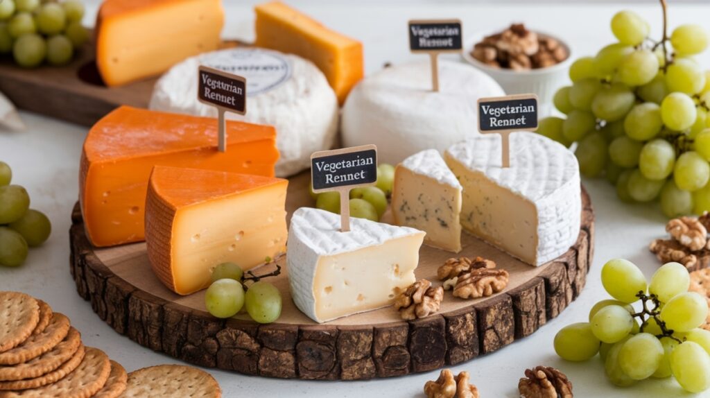 A variety of vegetarian-friendly cheeses displayed on a wooden board.