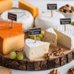 A variety of vegetarian-friendly cheeses displayed on a wooden board.