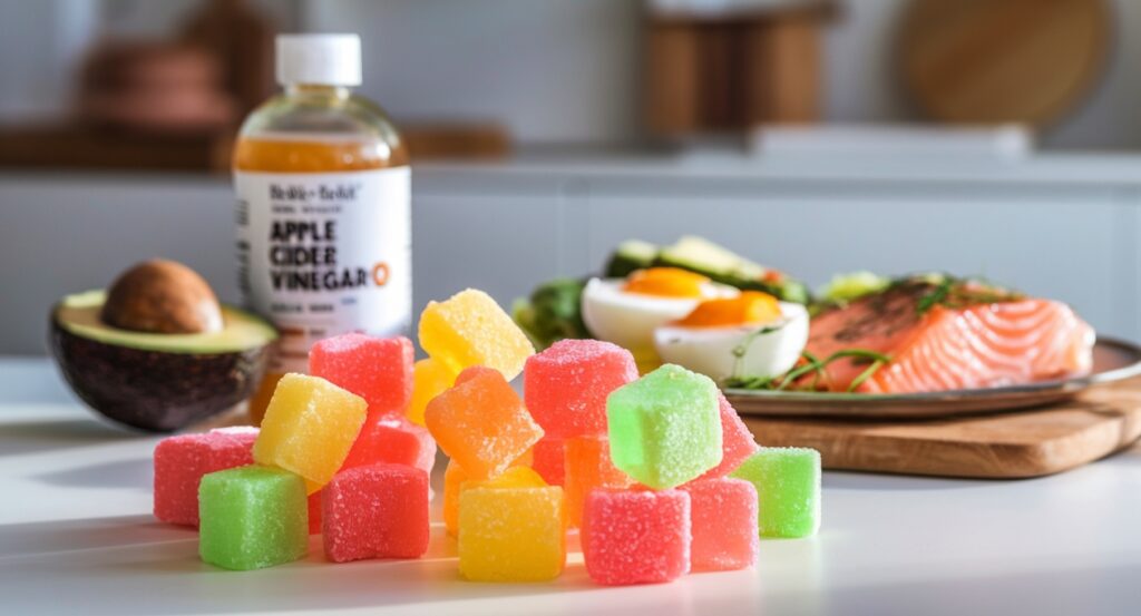 Colorful keto gummies displayed alongside apple cider vinegar and keto-friendly foods like avocado and eggs