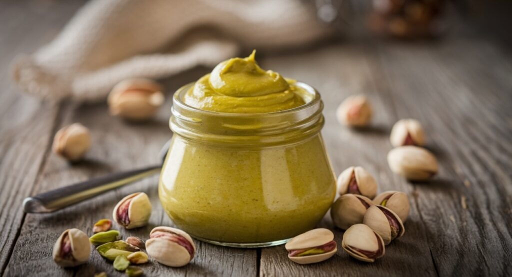 Jar of pistachio cream with pistachios on a wooden table.