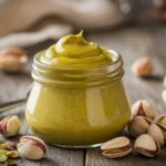 Jar of pistachio cream with pistachios on a wooden table.