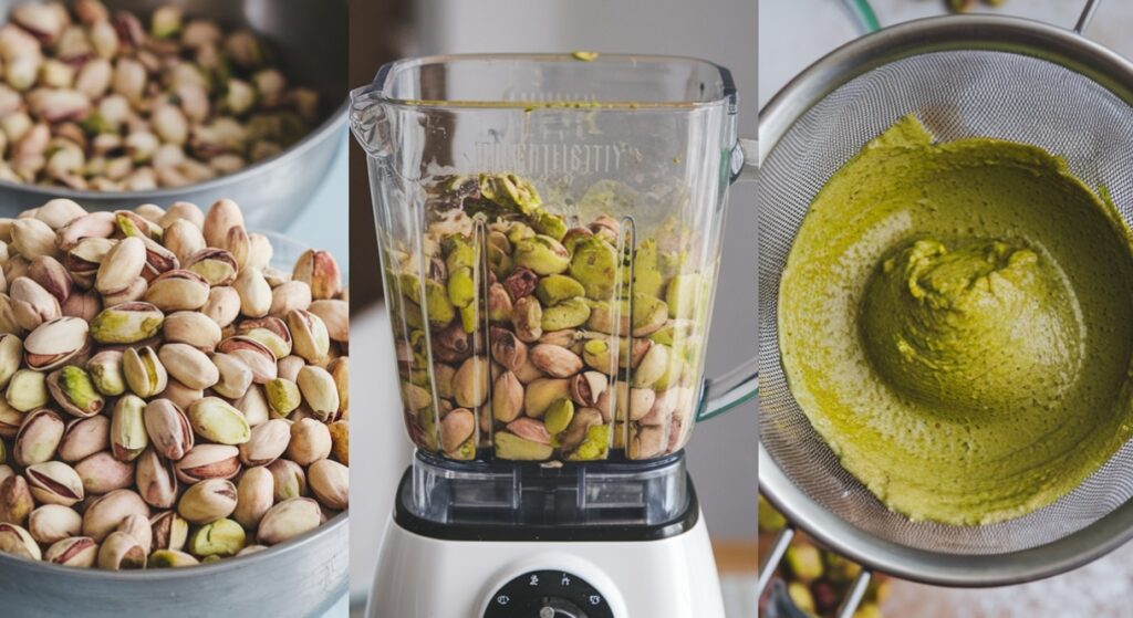 Steps to make pistachio cream: pistachios, blending, and straining.