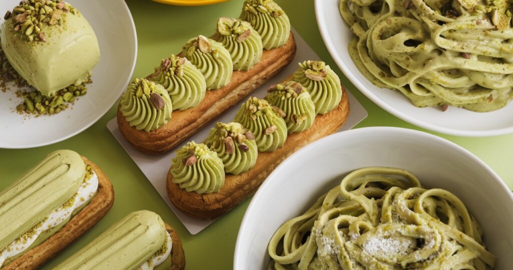 Pistachio cream dishes: éclairs, gelato, and pasta with pistachio sauce.