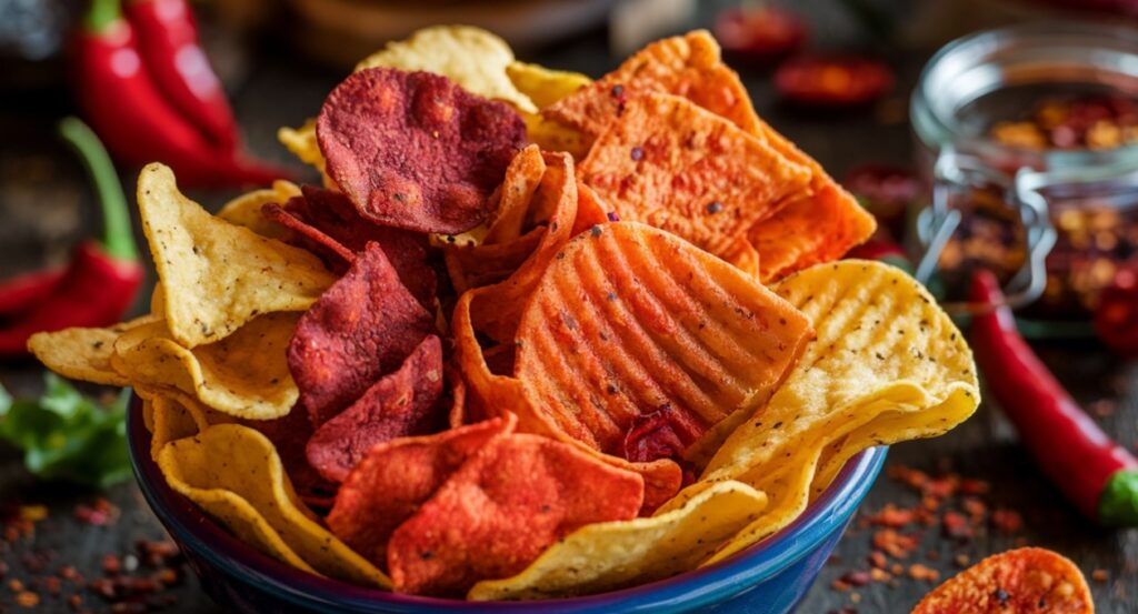 A colorful bowl of spicy chips with chili peppers and seasoning in the background.