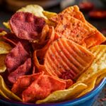 A colorful bowl of spicy chips with chili peppers and seasoning in the background.