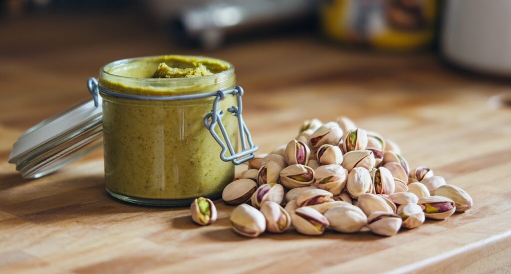 A jar of creamy pistachio butter with fresh pistachios around it.