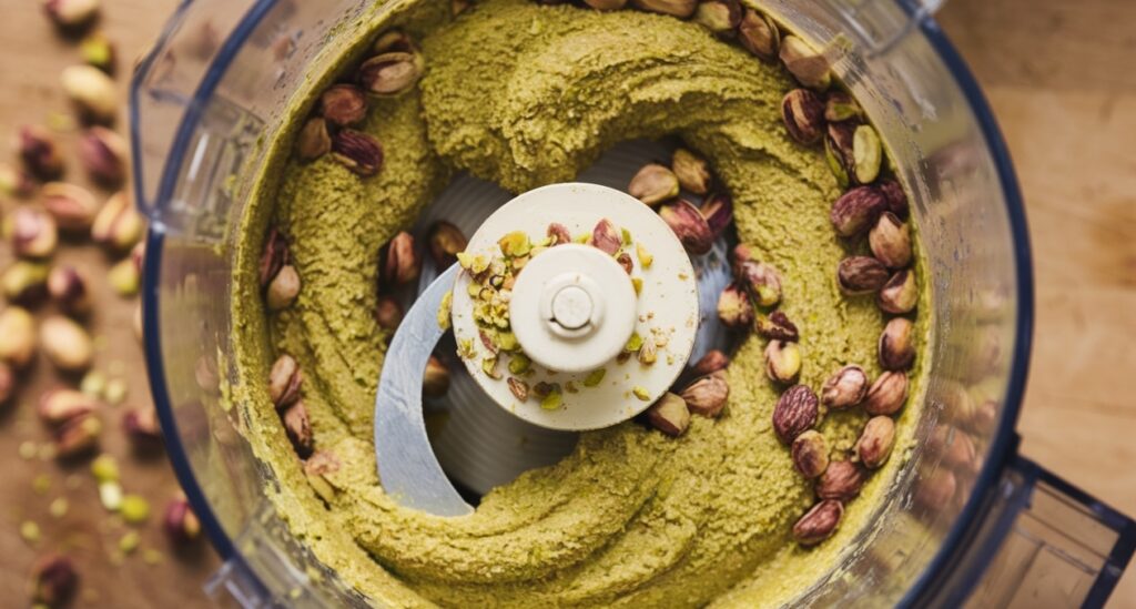 Pistachios being blended into homemade pistachio butter in a food processor.