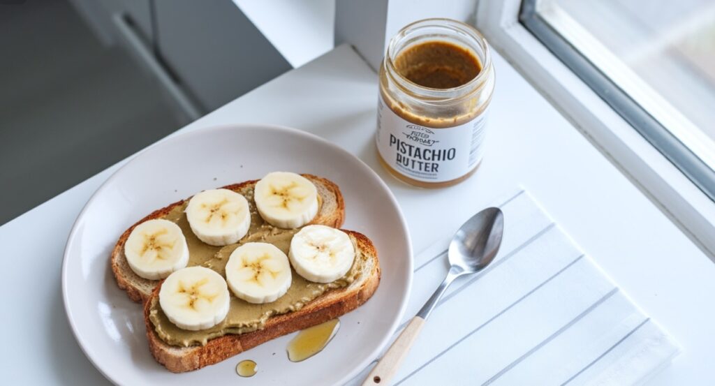 Toast with pistachio butter, banana slices, and honey on a breakfast table.