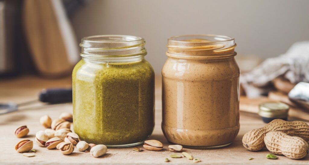 Jars of pistachio butter and peanut butter side by side with nuts scattered around.