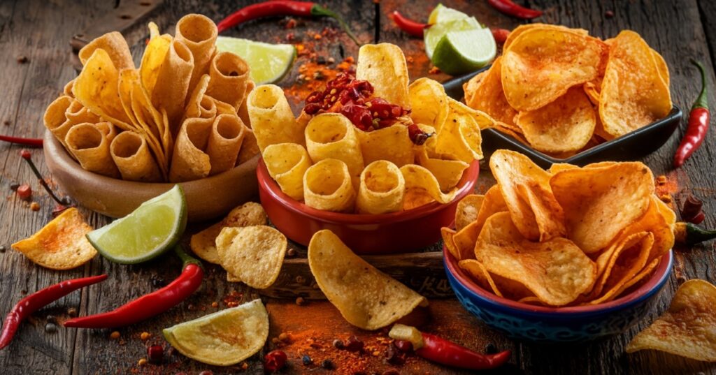 A colorful assortment of spicy chips with chili peppers and lime on a rustic background.