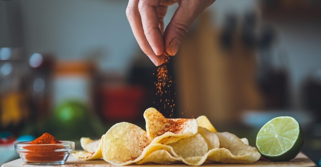 Homemade spicy chips being seasoned with chili powder and lime.