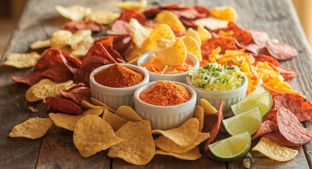 Assortment of gourmet seasoned chips with different spices on a rustic wooden table.