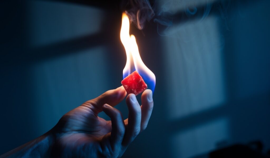 A flaming red spicy chip held between fingers with smoke effects.