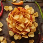 Variety of spicy chips with colorful packaging and chili peppers