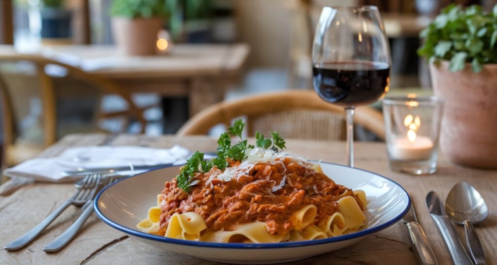 Freshly made pappardelle pasta with wild boar ragù, garnished with parsley and Parmesan, served on a rustic wooden table