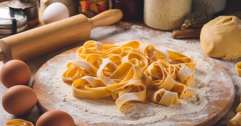 Homemade pappardelle ribbons on a floured wooden board with eggs, dough, and a rolling pin in a cozy kitchen setting.