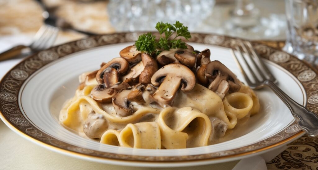 Creamy mushroom pappardelle pasta garnished with sautéed mushrooms and parsley on an elegant dining table.