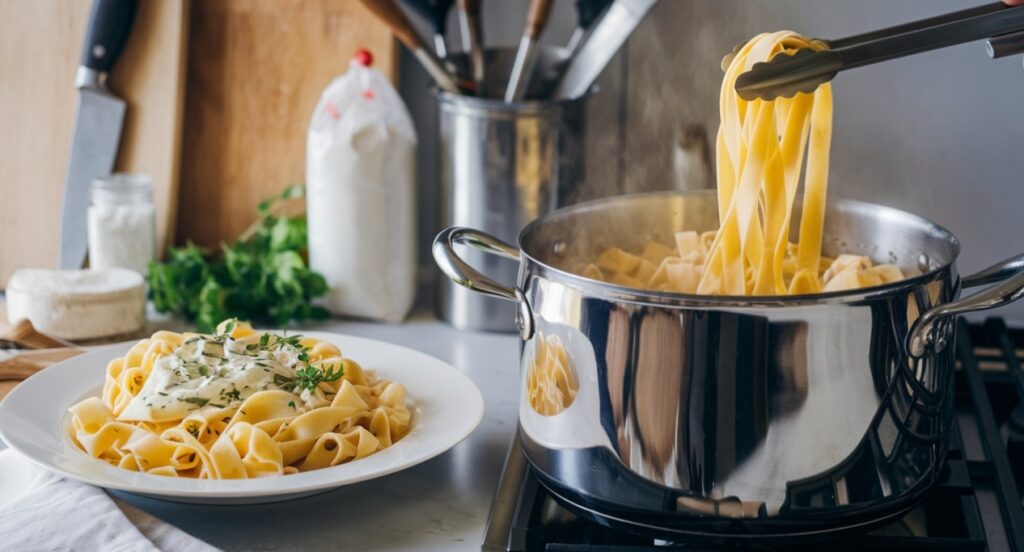 Cooking pappardelle in boiling water and a plate of egg noodles garnished with herbs, showcasing preparation techniques.