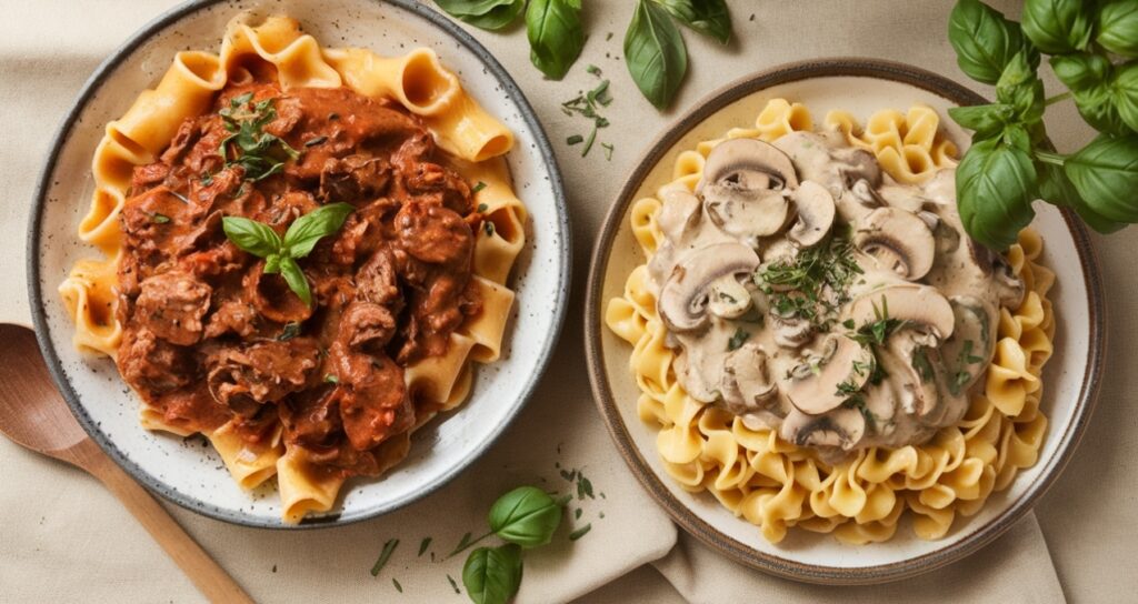 Two pasta dishes: pappardelle with beef ragù and egg noodles with mushroom sauce, highlighting their pairing with different recipes.