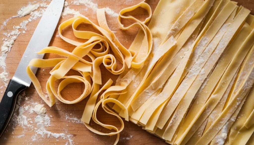 lasagna sheets being cut into wide ribbons resembling pappardelle pasta. The sheets are laid on a cutting board next to a knife, with flour sprinkled around for texture