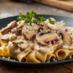 A close-up image of freshly cooked pappardelle pasta on a rustic wooden table, served with a rich tomato-based ragù sauce and garnished with fresh parsley. Steam is gently rising, creating a warm and inviting feel.