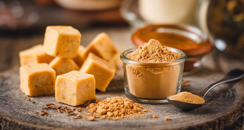 Chicken bouillon cubes and powder on a wooden table.