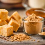 Chicken bouillon cubes and powder on a wooden table.