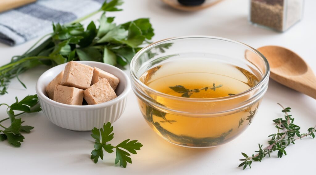 Chicken bouillon cubes, powder, and paste on a wooden cutting board