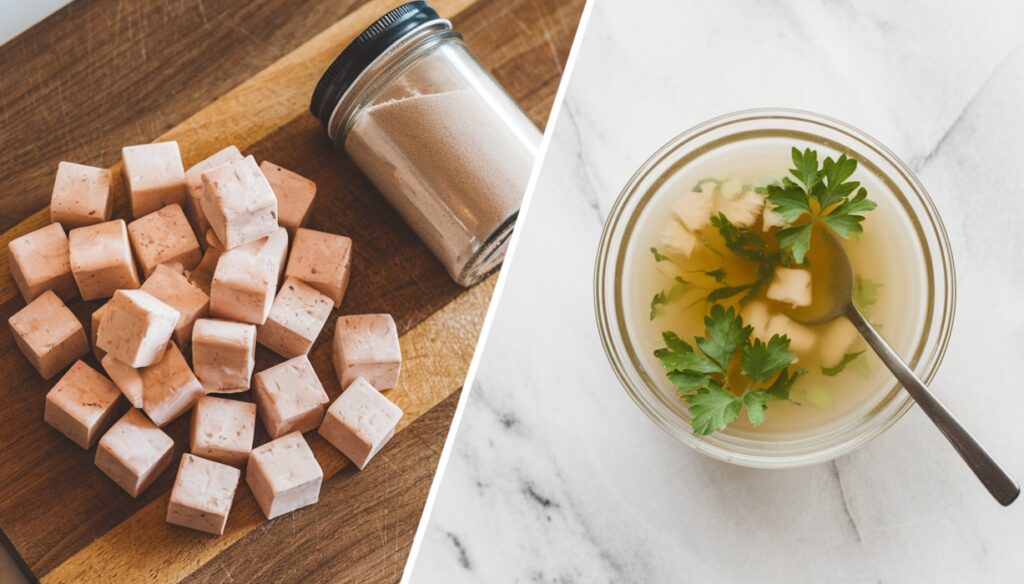 Side-by-side comparison of chicken bouillon and chicken broth