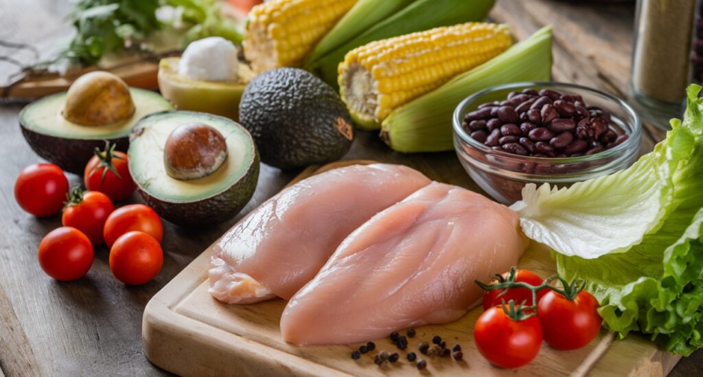 Ingredients for Southwest Chicken Salad spread out on a table.