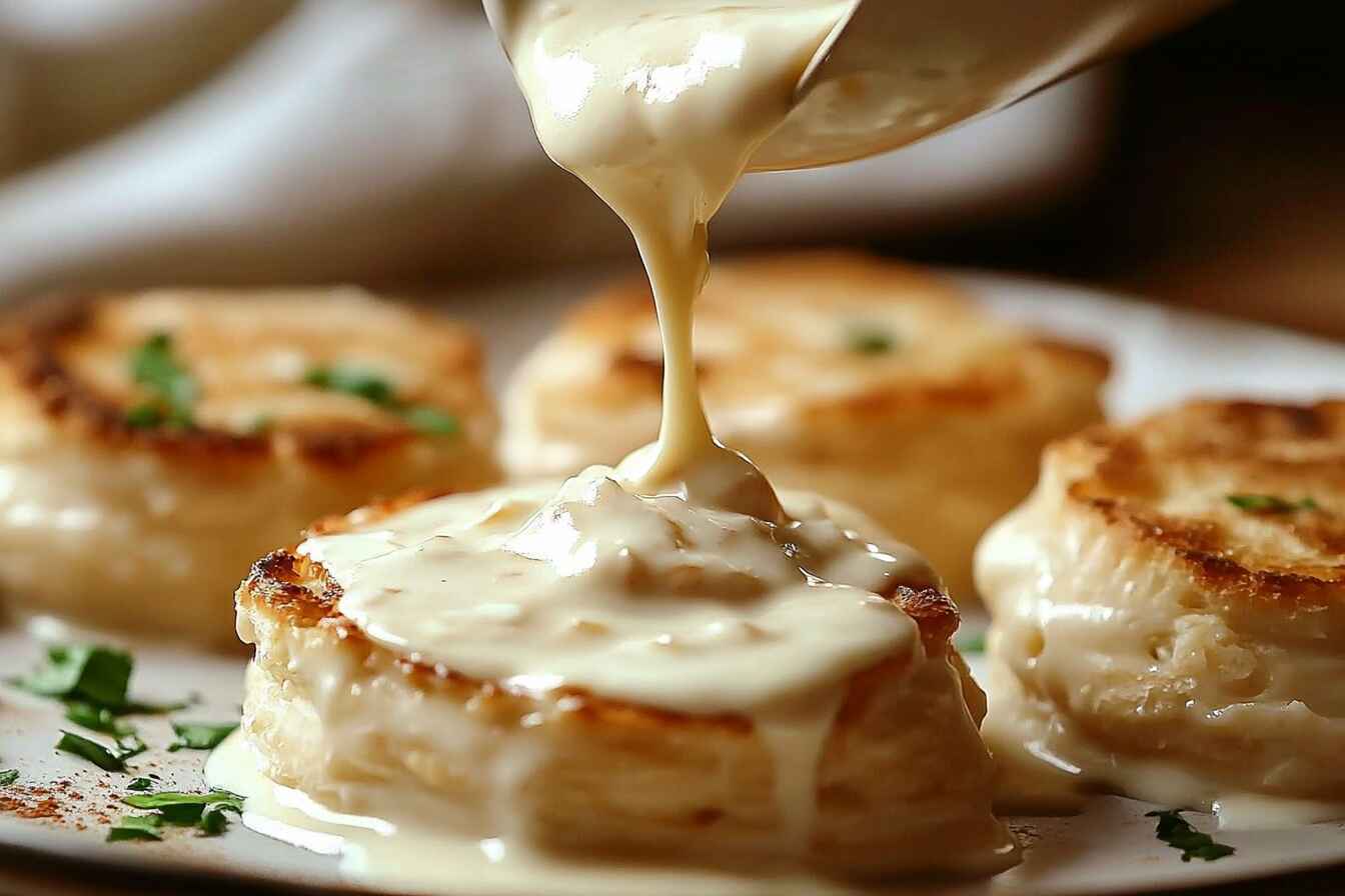 Close Up Of Creamy White Gravy Being Poured Over Golden Biscuits In A Rustic Kitchen, Evoking A Comforting Home Cooked Meal.