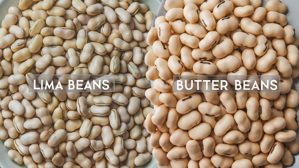 Side-by-side comparison of cooked lima beans and butter beans showing size and texture differences.