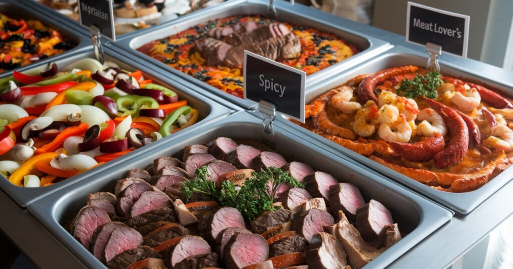 Different variations of hashbrown casserole on a buffet table